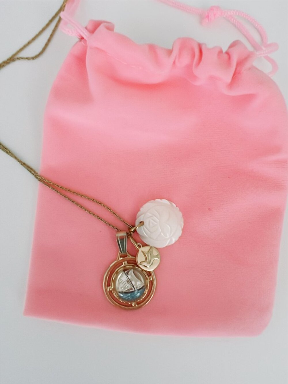 Sandrine France Handmade Gold Sailboat and Carved Rose Charm Necklace
